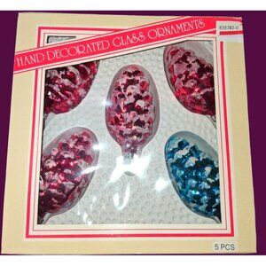 Hand Decorated Glass Pinecone Ornaments Set Of 5 Red & Blue Christmas Decoration
